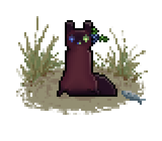 Pixel art of a young slugcat standing faced forwards, looking at the camera. It is dark red with point markings. One of its eyes is blue, while the other is green. There are a bundle of blue berries and leaves behind one ear.